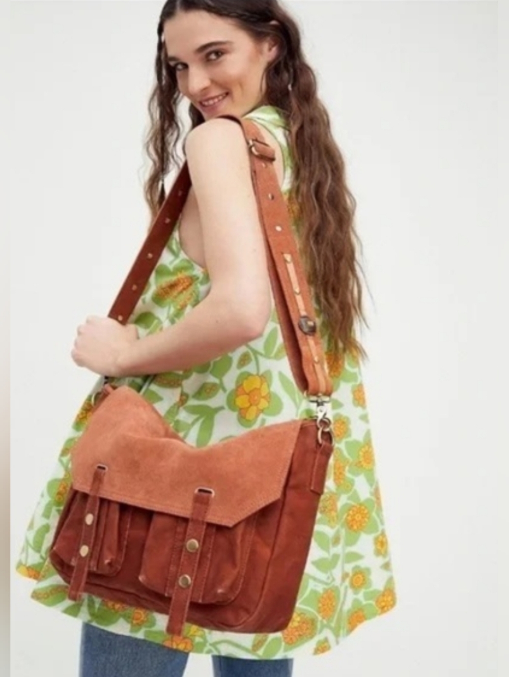Free People New Road Distressed Canvas Leather Messenger Bag Burnt Clay Studs